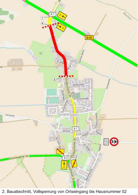 2. Bauabschnitt, Vollsperrung vom Ortseingang der B68 bis zur Hausnummer 52